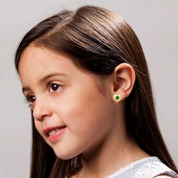 Emerald Color CZ Heart Stud Earrings In 14K Gold Over Sterling Silver