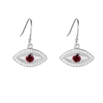 Red Garnet Rhodium Over Sterling Silver Evil Eye Earrings