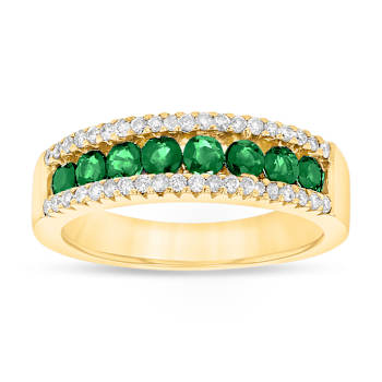 Emerald and Diamond 14k Yellow Gold Band Ring 0.90ctw