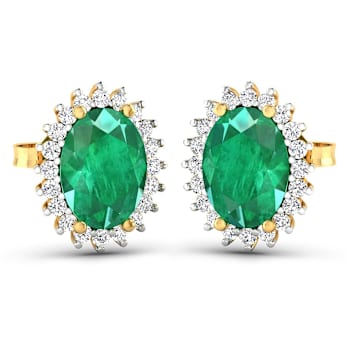 2.0ctw 14K Yellow Gold  Zambian Green Emerald and White Diamond Halo Earrings