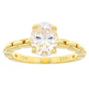 Diamond Simulant Oval Solitaire With Link Detail Band Ring In 18K Gold
Over Sterling Silver 2.25ct