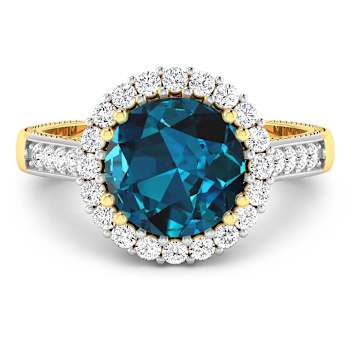 Round London Blue Topaz and Diamond 14K Yellow Gold Halo Ring 3.44 ctw