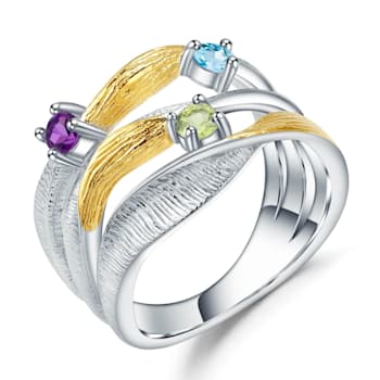 Multi-Gemstone Black Rhodium Over and 14K Gold Over Sterling Silver Ring