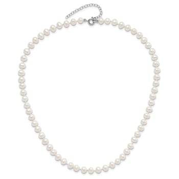 Rhodium Over Sterling Silver 5-6mm FWC Pearl with 2-inch Extensions Kids Necklace