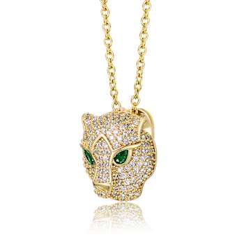 Emerald Color CZ Panther Head Pendant Necklace In 14K Gold Over Brass