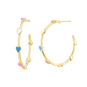 14K Yellow Gold Over Brass Enamel Heart Station Hoop Earrings