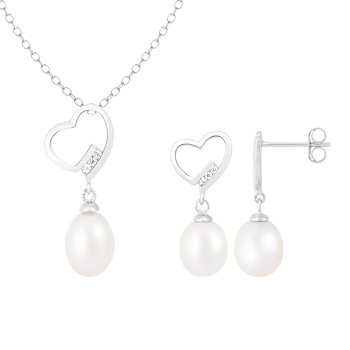 7-9mm Drop White Freshwater Pearl and CZ Rhodium Over Sterling Earring
and Pendant W/Chain Set