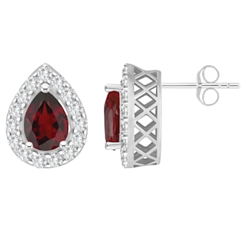 8x5mm Pear Shape Garnet And White Topaz Accent Rhodium Over Sterling
Silver Halo Stud Earrings