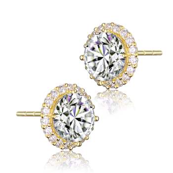 CZ Halo Stud Earrings In 14K Gold Over Sterling Silver