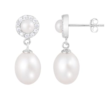 4-8.5 White Cultured Freshwater Pearl and Cubic Zirconia Rhodium Over
Sterling Silver Earrings