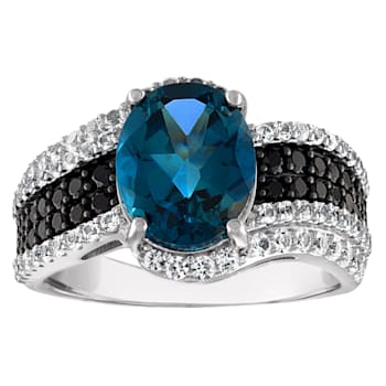 Sterling Silver London Blue Topaz, Black Spinel and Lab Created White
Sapphire Ring 4.0ctw