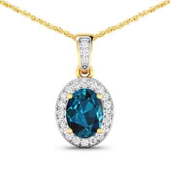 1.10ctw 14K Yellow Gold Blue London Blue Topaz and White Diamond Pendant
with 18 inch Cable Chain