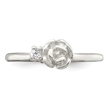 Rhodium Over Sterling Silver Clear CZ Rose Kid's Ring