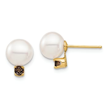 14K Yellow Gold 7-7.5mm White Round Freshwater Cultured Pearl Smokey
Quartz Post Earrings