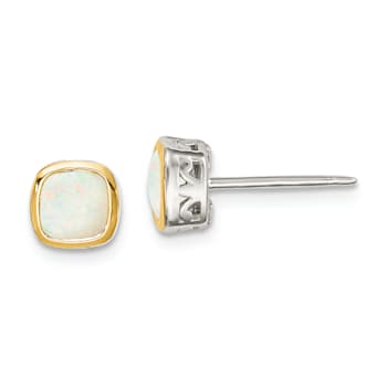 Rhodium Over Sterling Silver with 14k Accent Milky Opal Square Stud Earrings