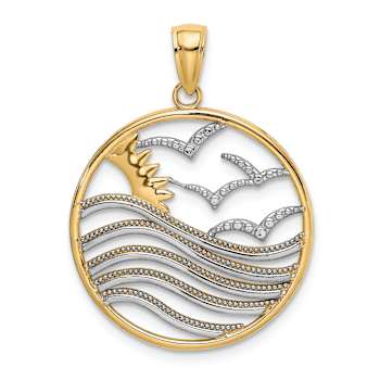 14K Two-tone Gold  Textured Sunset and Seagulls In Circle Pendant