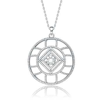 Geometric CZ Halo Pendant Necklace In White Rhodium Over Brass