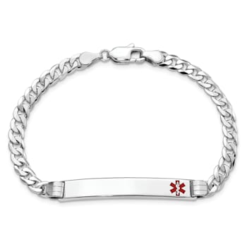 Rhodium Over 14k White Gold Medical Red Enamel Flat Curb Link ID Bracelet