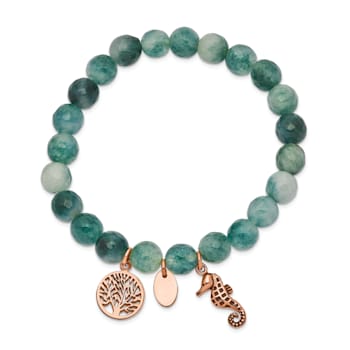 Rose Stainless Steel Antiqued and Polished Seahorse Green Dyed Jade Bracelet