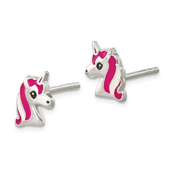Rhodium Over Sterling Silver Pink Enamel Unicorn Head Childs Post Earrings