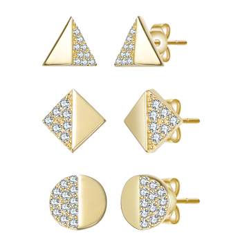 Pave CZ Stud Earrings Three-Piece Set In 14K Gold Over Sterling Silver