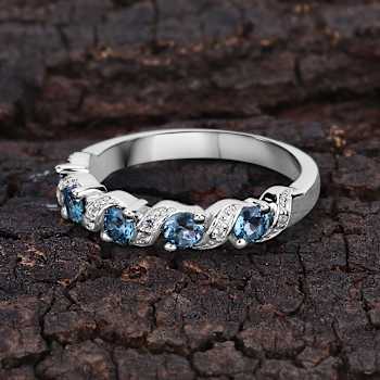 London Blue Topaz and White Topaz Sterling Silver 5 five Stone Band Ring