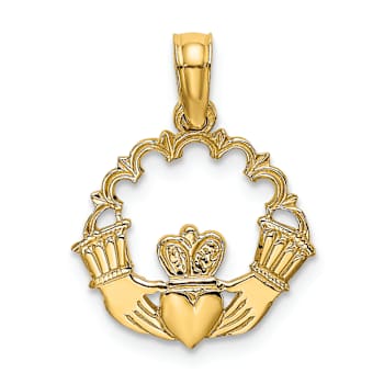 14k Yellow Gold Textured Claddagh In Scallop Circle Charm