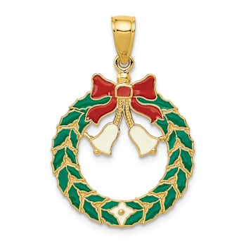 14k Yellow Gold Enameled Christmas Wreath Pendant