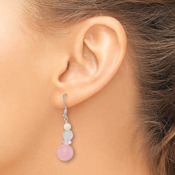 Sterling Silver Polished Pink Crystal, Jadeite and Mother of Pearl
Dangle Earrings