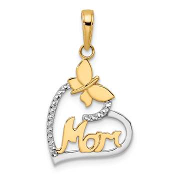 14K Two-tone Gold Diamond-Cut Butterfly and Mom in Heart Pendant
