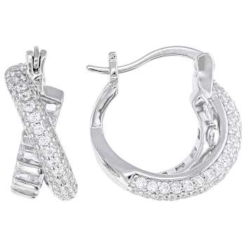 Crossover CZ Hoop Earrings In Sterling Silver