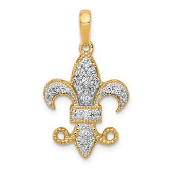 14k Yellow Gold and Rhodium Over 14k Yellow Gold Diamond Fleur De Lis Pendant