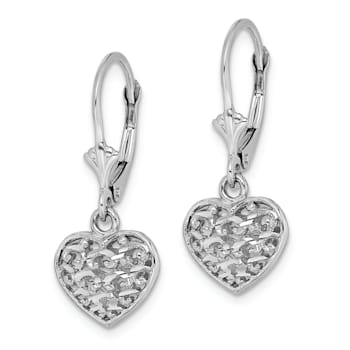 Rhodium Over 14k White Gold 3D Mini Diamond-cut Puffed Heart Dangle Earrings
