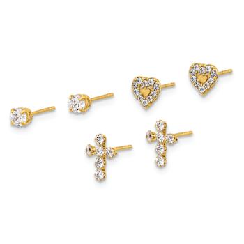 14k Yellow Gold Polished Cubic Zirconia Cross, 5.5mm Heart and 3.5mm
Stud Earring Set