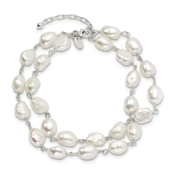 Sterling Silver 2-Strand White Baroque Freshwater Cultured Pearl 8.5in Bracelet