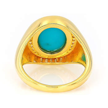 Turquoise Oval And White Zircon Ring In 18K Gold Over Sterling Silver 0.14ctw