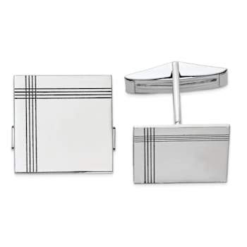 14k White Gold Men's Square With Line Design Cuff Links