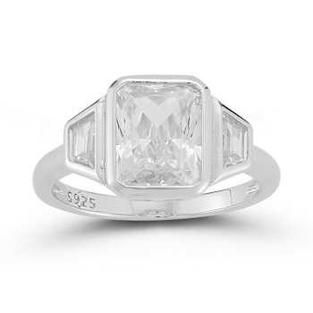 Rachel Zoe Bezel Set CZ Three-Stone Ring in Rhodium Over Sterling Silver