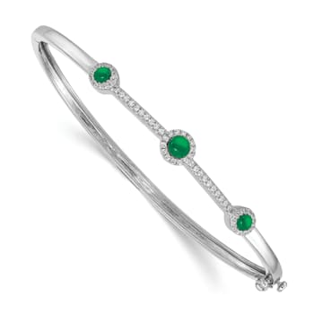 Rhodium Over 14k White Gold Diamond and Cabochon Emerald Bangle