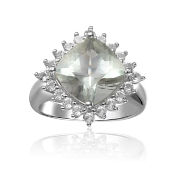 Checkerboard Square Cushion Cut Prasiolite with White Topaz Accents
Sterling Silver Halo Ring