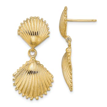 14k Yellow Gold Polished and Textured Scallop Shell Dangle Earrings