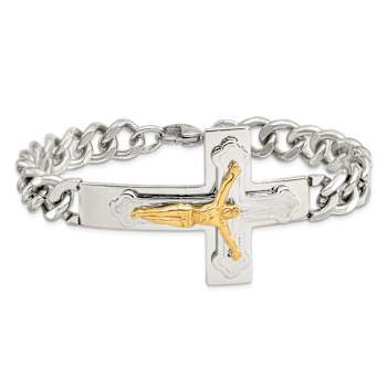 Stainless Steel Polished Yellow IP-plated Crucifix Bracelet