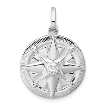 Rhodium Over Sterling Silver Cubic Zirconia Compass Pendant