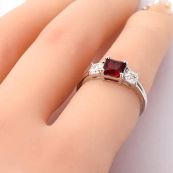 Red Lab Grown Ruby Rhodium Over Sterling Silver Three Stone Ring