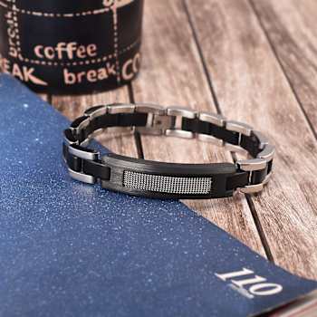 Mens Stainless Steel, Black Leather and Carbon Fiber Link Bracelet