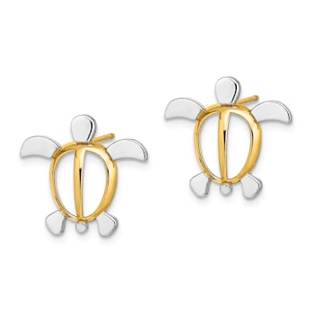 14K Yellow Gold and Rhodium Over 14K Yellow Gold Sea Turtle Stud Earrings