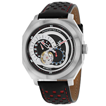 Christian Van Sant Men's Machina Black Dial, Red and Black Leather Strap Watch