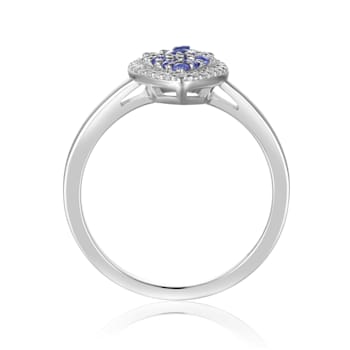 Blue Sapphire and Moissanite Sterling Silver Heart Shape Cluster Ring