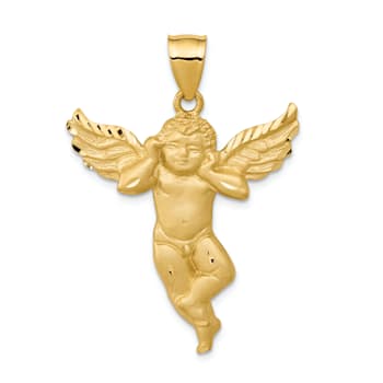 14k Yellow Gold Satin and Diamond-Cut Angel Pendant