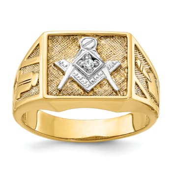 10K Two-tone Yellow and White Gold Textured Diamond Blue Lodge Masonic Ring